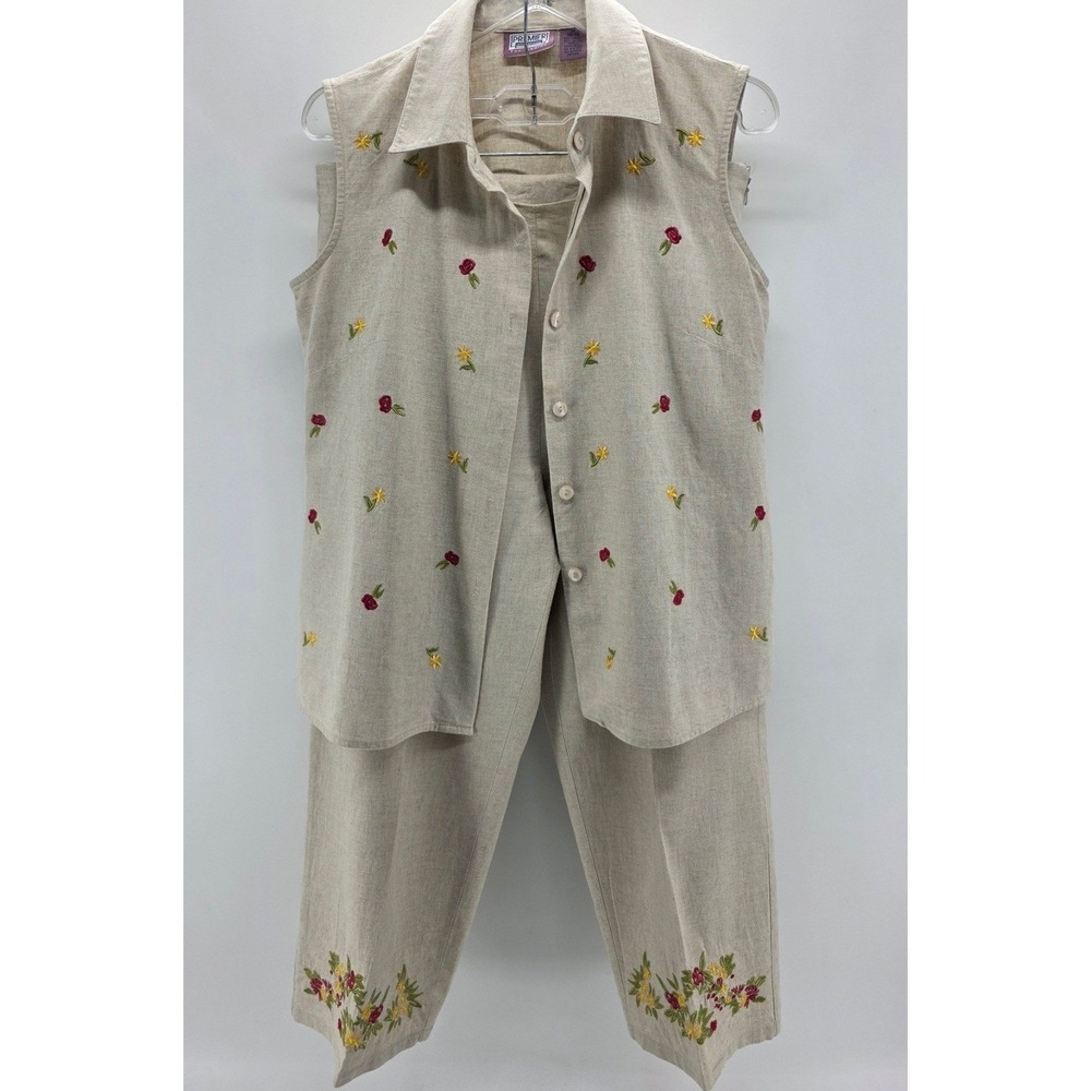 Premier Intl Linen Blend Embroidered 2pc Capri Set Beige Floral Women M 10-12